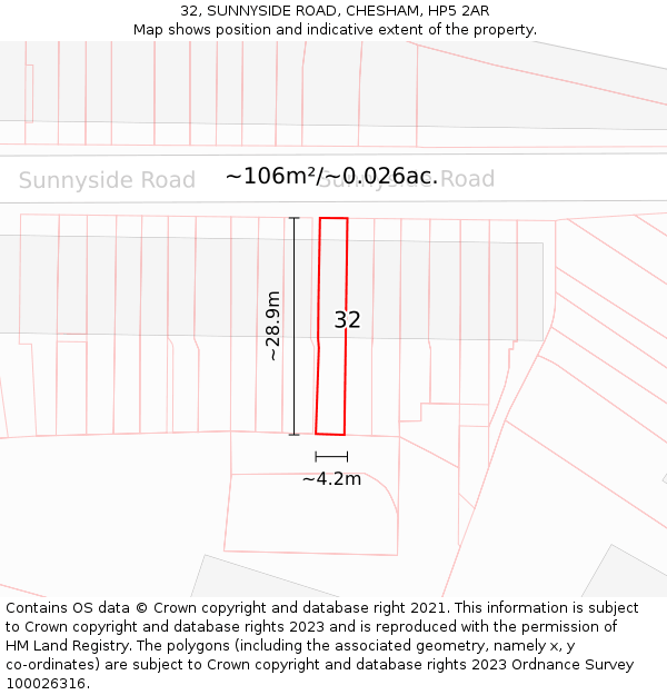 32, SUNNYSIDE ROAD, CHESHAM, HP5 2AR: Plot and title map