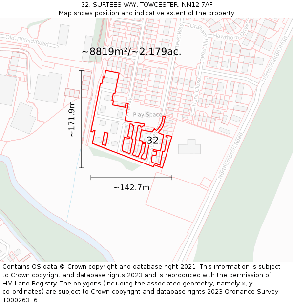 32, SURTEES WAY, TOWCESTER, NN12 7AF: Plot and title map