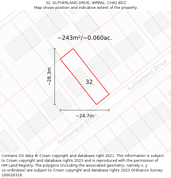 32, SUTHERLAND DRIVE, WIRRAL, CH62 8DZ: Plot and title map