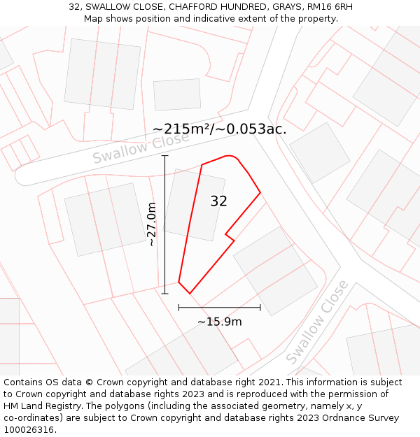 32, SWALLOW CLOSE, CHAFFORD HUNDRED, GRAYS, RM16 6RH: Plot and title map