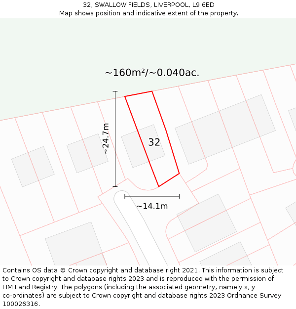 32, SWALLOW FIELDS, LIVERPOOL, L9 6ED: Plot and title map