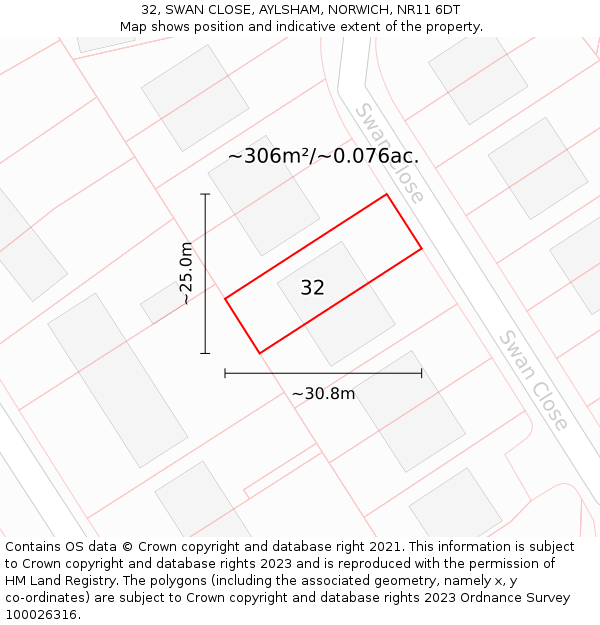 32, SWAN CLOSE, AYLSHAM, NORWICH, NR11 6DT: Plot and title map