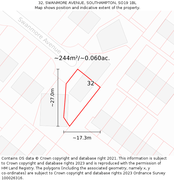 32, SWANMORE AVENUE, SOUTHAMPTON, SO19 1BL: Plot and title map