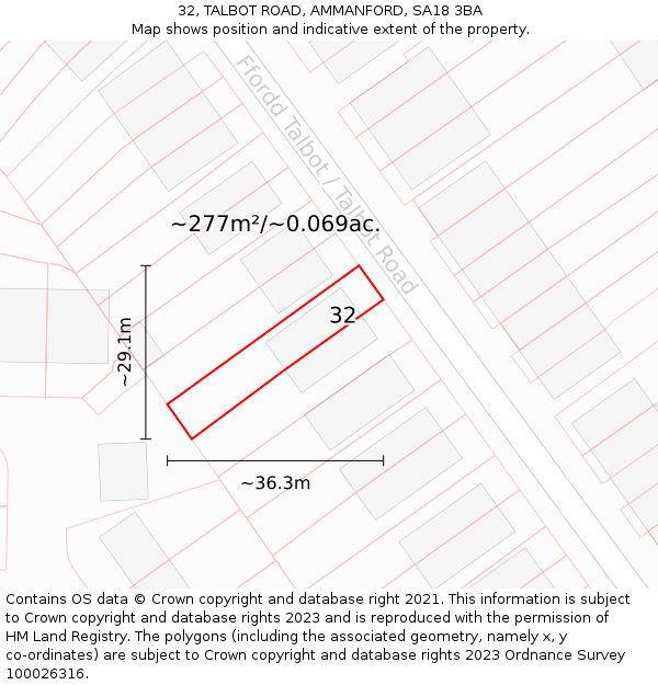 32, TALBOT ROAD, AMMANFORD, SA18 3BA: Plot and title map