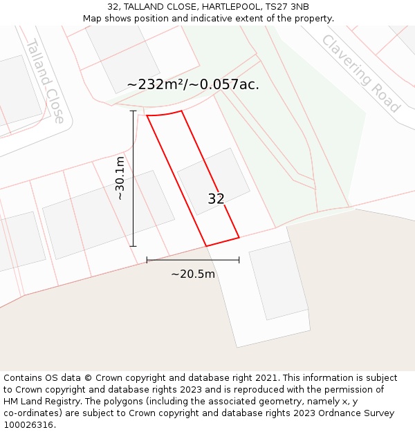 32, TALLAND CLOSE, HARTLEPOOL, TS27 3NB: Plot and title map