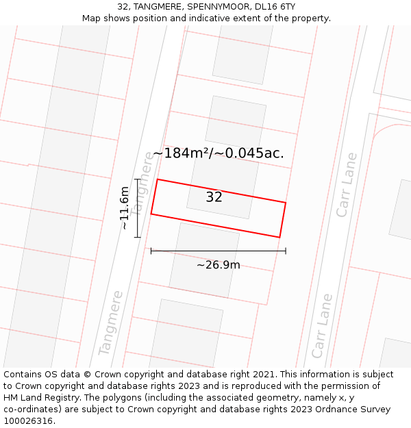 32, TANGMERE, SPENNYMOOR, DL16 6TY: Plot and title map