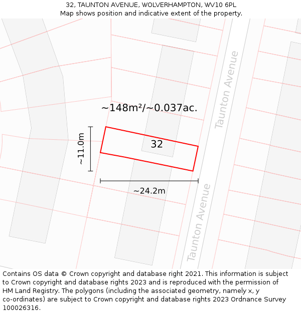 32, TAUNTON AVENUE, WOLVERHAMPTON, WV10 6PL: Plot and title map