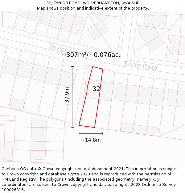 32, TAYLOR ROAD, WOLVERHAMPTON, WV4 6HP: Plot and title map