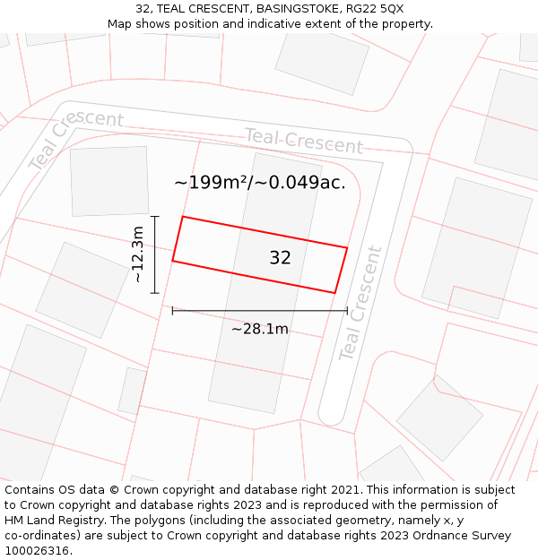 32, TEAL CRESCENT, BASINGSTOKE, RG22 5QX: Plot and title map