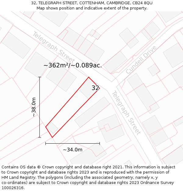 32, TELEGRAPH STREET, COTTENHAM, CAMBRIDGE, CB24 8QU: Plot and title map