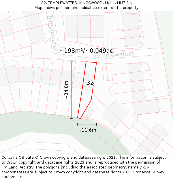 32, TEMPLEWATERS, KINGSWOOD, HULL, HU7 3JN: Plot and title map