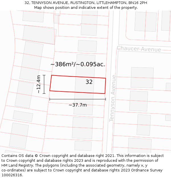 32, TENNYSON AVENUE, RUSTINGTON, LITTLEHAMPTON, BN16 2PH: Plot and title map