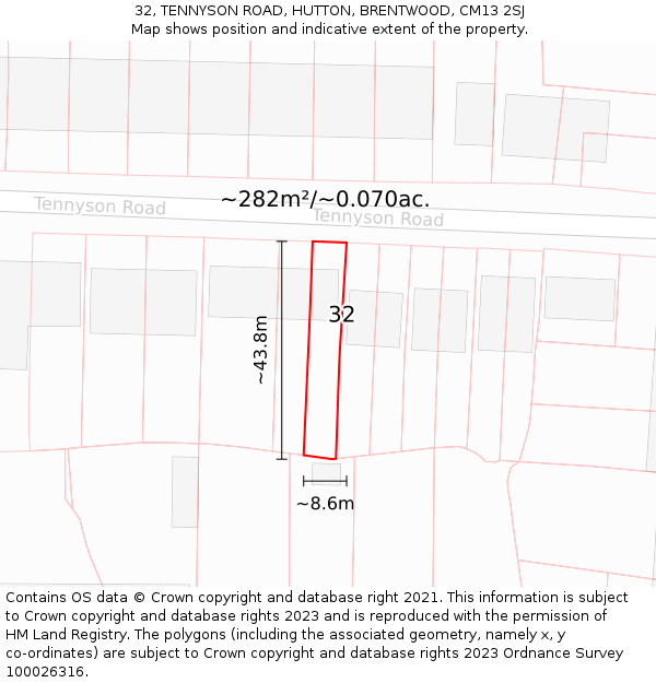 32, TENNYSON ROAD, HUTTON, BRENTWOOD, CM13 2SJ: Plot and title map