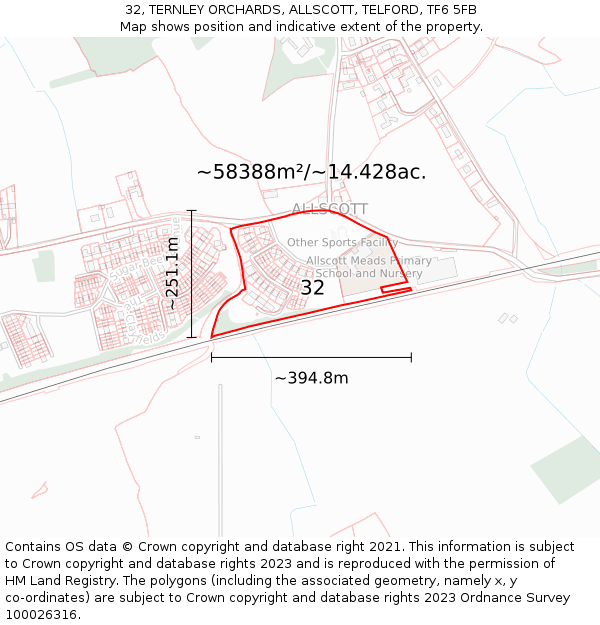32, TERNLEY ORCHARDS, ALLSCOTT, TELFORD, TF6 5FB: Plot and title map