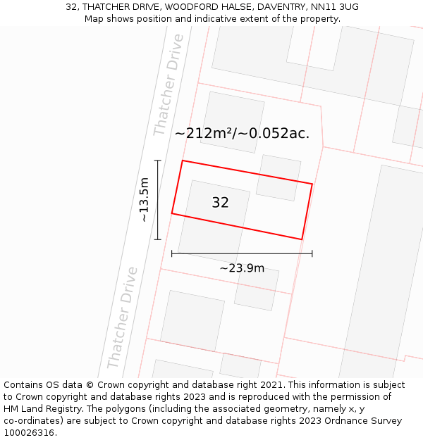 32, THATCHER DRIVE, WOODFORD HALSE, DAVENTRY, NN11 3UG: Plot and title map