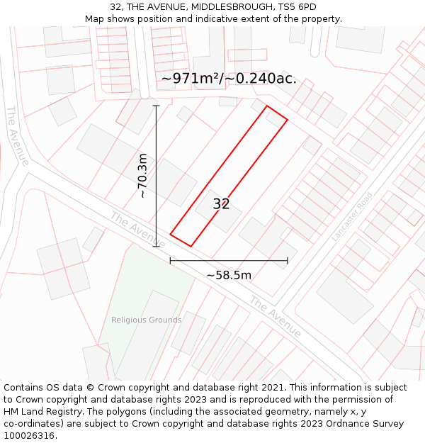 32, THE AVENUE, MIDDLESBROUGH, TS5 6PD: Plot and title map