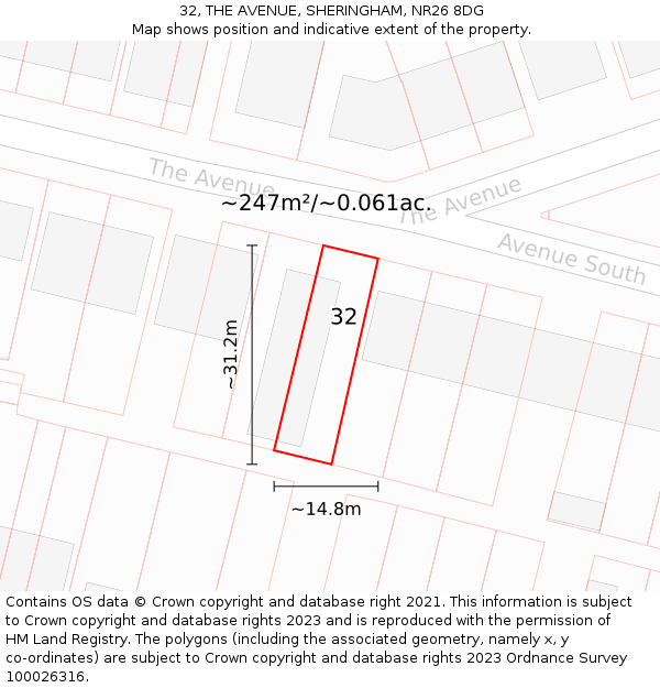 32, THE AVENUE, SHERINGHAM, NR26 8DG: Plot and title map