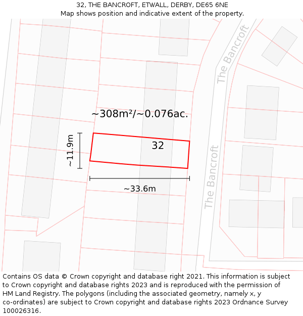 32, THE BANCROFT, ETWALL, DERBY, DE65 6NE: Plot and title map