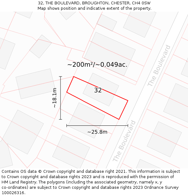 32, THE BOULEVARD, BROUGHTON, CHESTER, CH4 0SW: Plot and title map