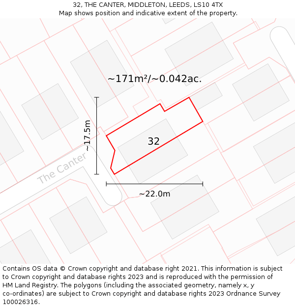 32, THE CANTER, MIDDLETON, LEEDS, LS10 4TX: Plot and title map