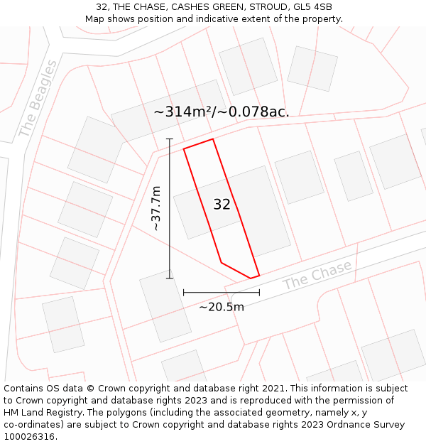 32, THE CHASE, CASHES GREEN, STROUD, GL5 4SB: Plot and title map