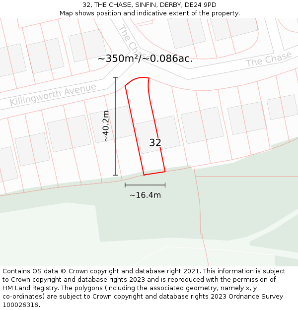 32, THE CHASE, SINFIN, DERBY, DE24 9PD: Plot and title map