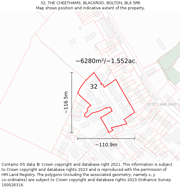 32, THE CHEETHAMS, BLACKROD, BOLTON, BL6 5RR: Plot and title map