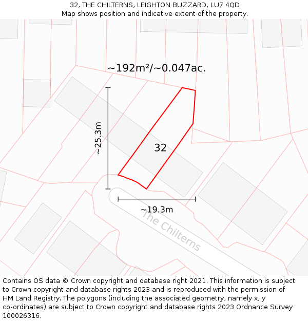 32, THE CHILTERNS, LEIGHTON BUZZARD, LU7 4QD: Plot and title map
