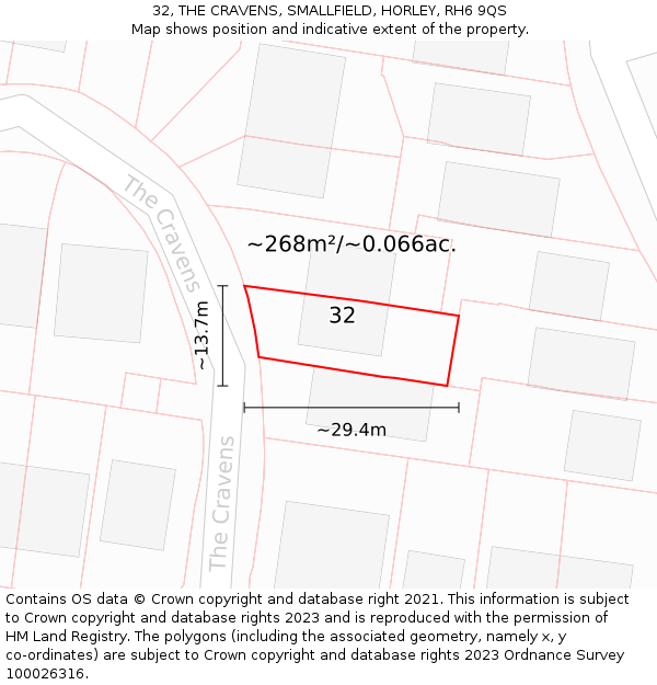32, THE CRAVENS, SMALLFIELD, HORLEY, RH6 9QS: Plot and title map