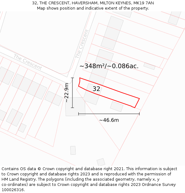 32, THE CRESCENT, HAVERSHAM, MILTON KEYNES, MK19 7AN: Plot and title map