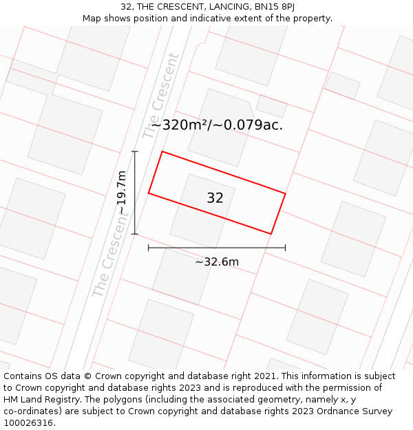 32, THE CRESCENT, LANCING, BN15 8PJ: Plot and title map