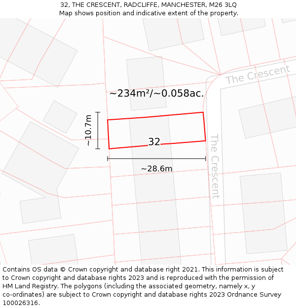 32, THE CRESCENT, RADCLIFFE, MANCHESTER, M26 3LQ: Plot and title map