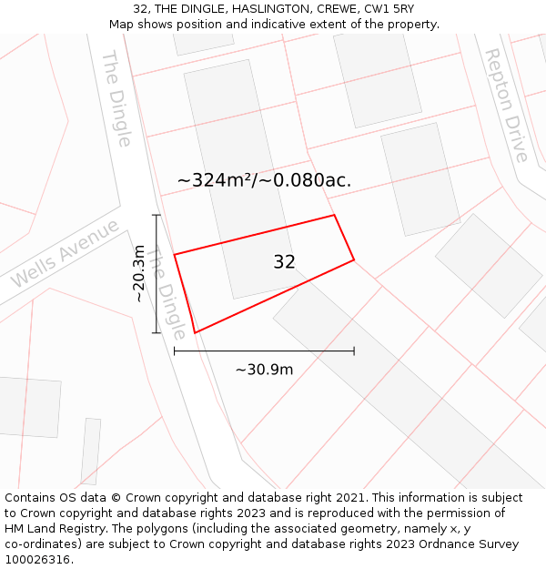 32, THE DINGLE, HASLINGTON, CREWE, CW1 5RY: Plot and title map