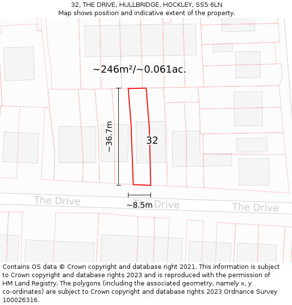 32, THE DRIVE, HULLBRIDGE, HOCKLEY, SS5 6LN: Plot and title map