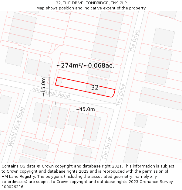 32, THE DRIVE, TONBRIDGE, TN9 2LP: Plot and title map