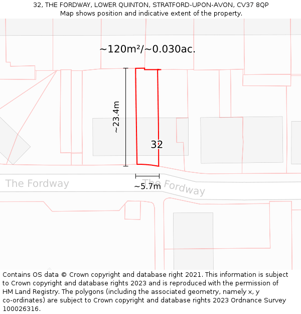 32, THE FORDWAY, LOWER QUINTON, STRATFORD-UPON-AVON, CV37 8QP: Plot and title map
