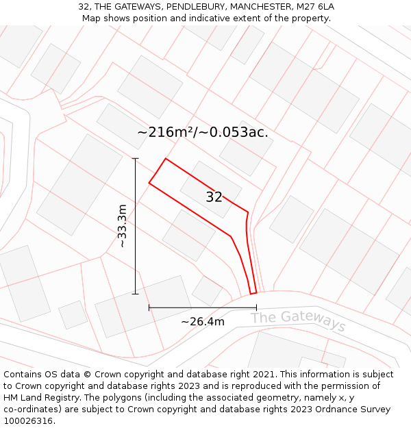 32, THE GATEWAYS, PENDLEBURY, MANCHESTER, M27 6LA: Plot and title map