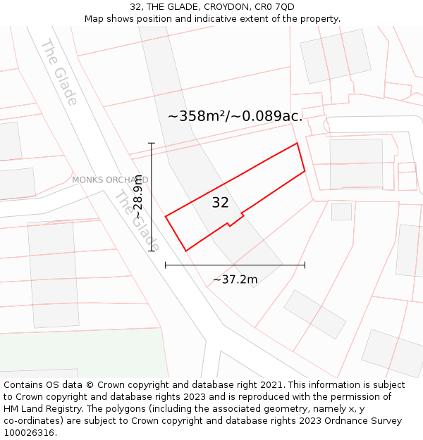 32, THE GLADE, CROYDON, CR0 7QD: Plot and title map