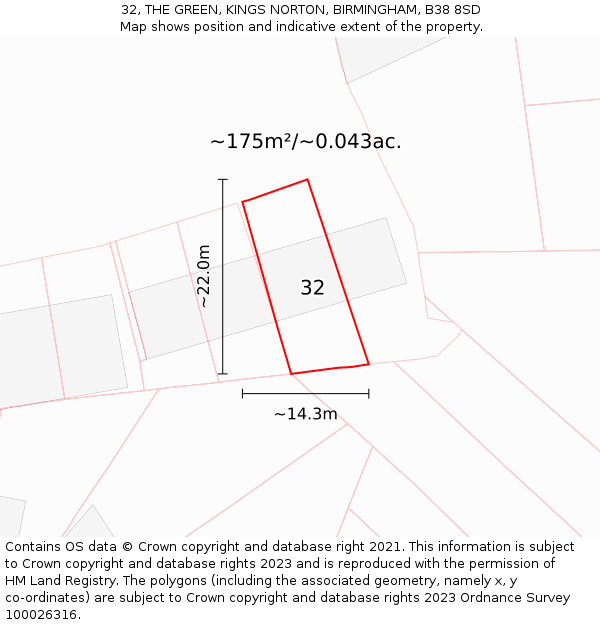32, THE GREEN, KINGS NORTON, BIRMINGHAM, B38 8SD: Plot and title map