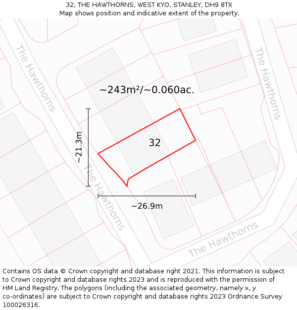 32, THE HAWTHORNS, WEST KYO, STANLEY, DH9 8TX: Plot and title map