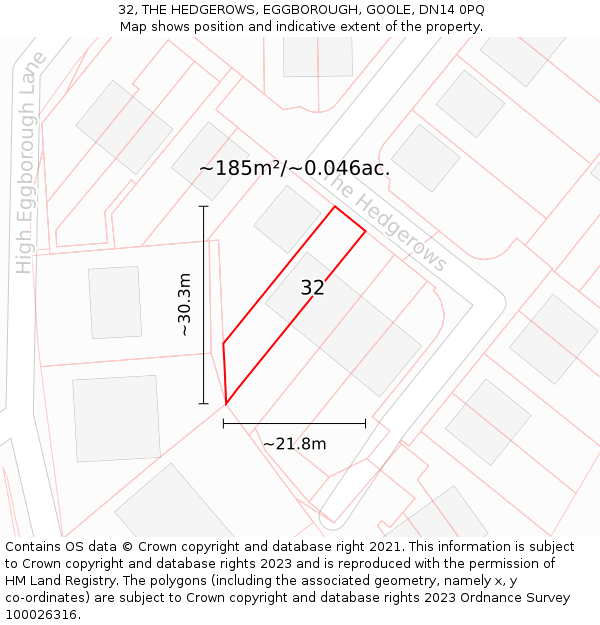 32, THE HEDGEROWS, EGGBOROUGH, GOOLE, DN14 0PQ: Plot and title map