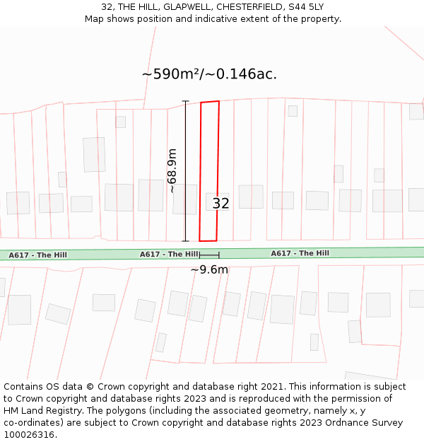 32, THE HILL, GLAPWELL, CHESTERFIELD, S44 5LY: Plot and title map