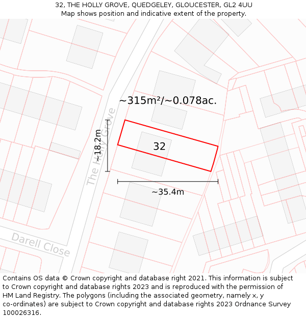 32, THE HOLLY GROVE, QUEDGELEY, GLOUCESTER, GL2 4UU: Plot and title map