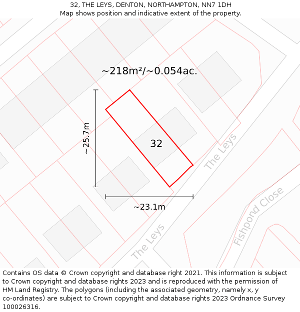 32, THE LEYS, DENTON, NORTHAMPTON, NN7 1DH: Plot and title map