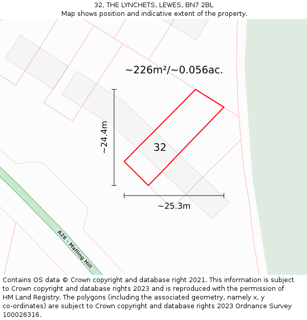 32, THE LYNCHETS, LEWES, BN7 2BL: Plot and title map