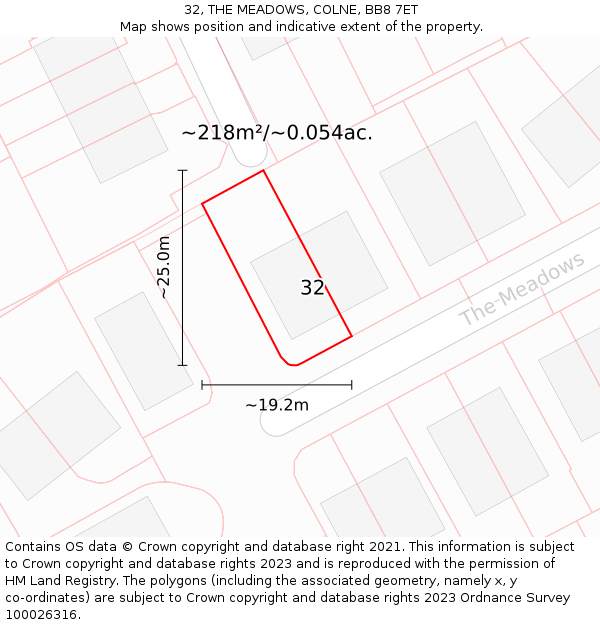 32, THE MEADOWS, COLNE, BB8 7ET: Plot and title map