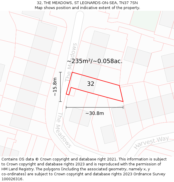 32, THE MEADOWS, ST LEONARDS-ON-SEA, TN37 7SN: Plot and title map