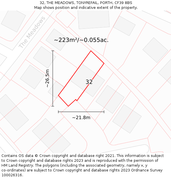 32, THE MEADOWS, TONYREFAIL, PORTH, CF39 8BS: Plot and title map