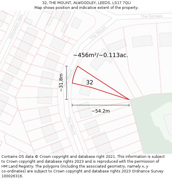 32, THE MOUNT, ALWOODLEY, LEEDS, LS17 7QU: Plot and title map