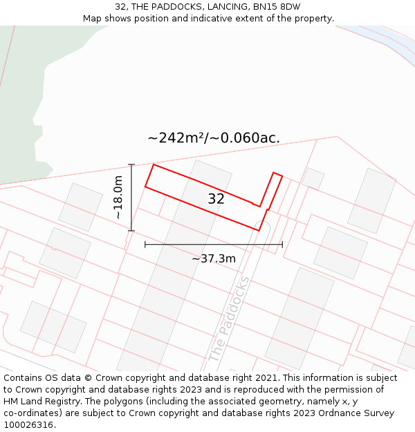 32, THE PADDOCKS, LANCING, BN15 8DW: Plot and title map